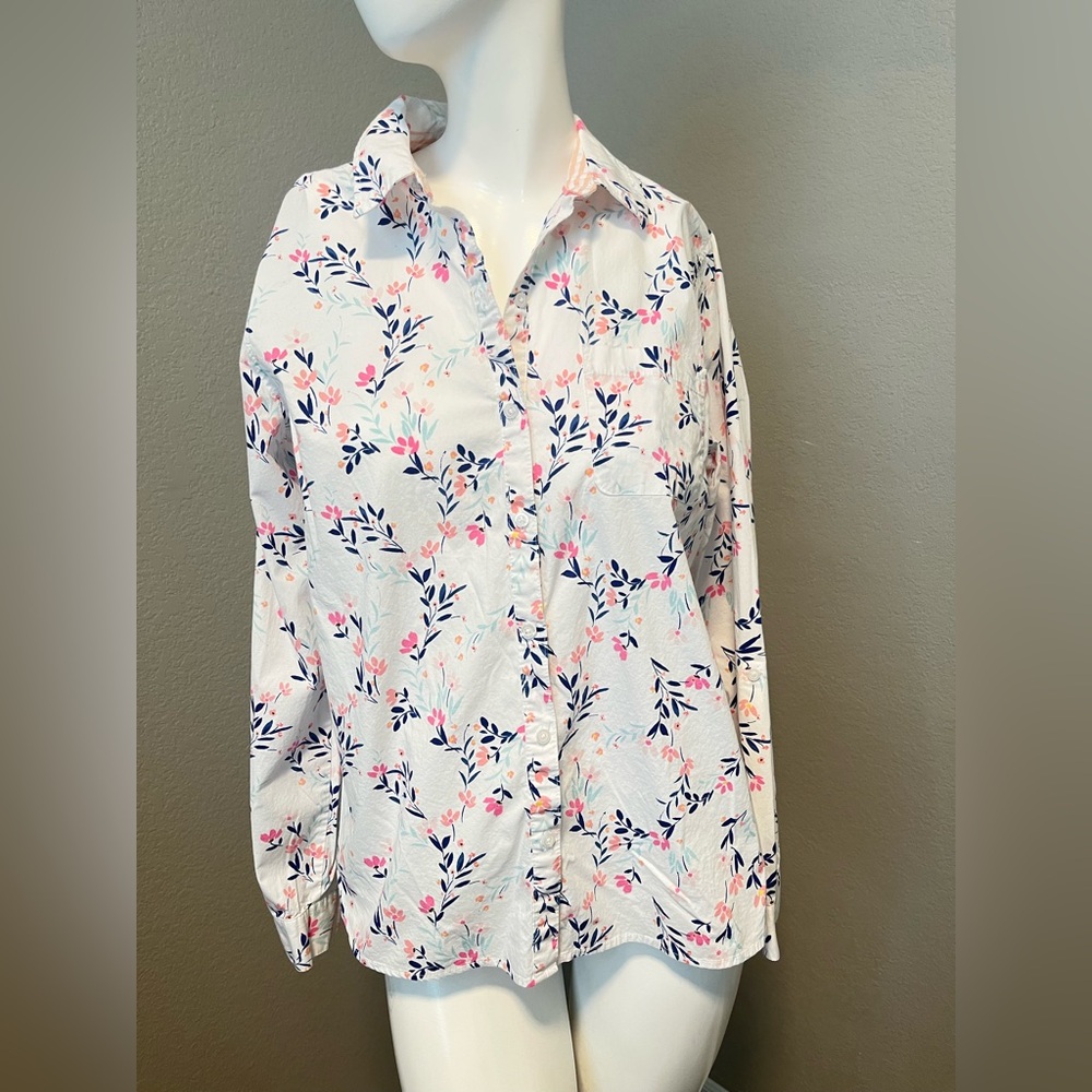 Croft & Barrow Women’s Floral LS  Button Down Shirt - White and Pink Size L